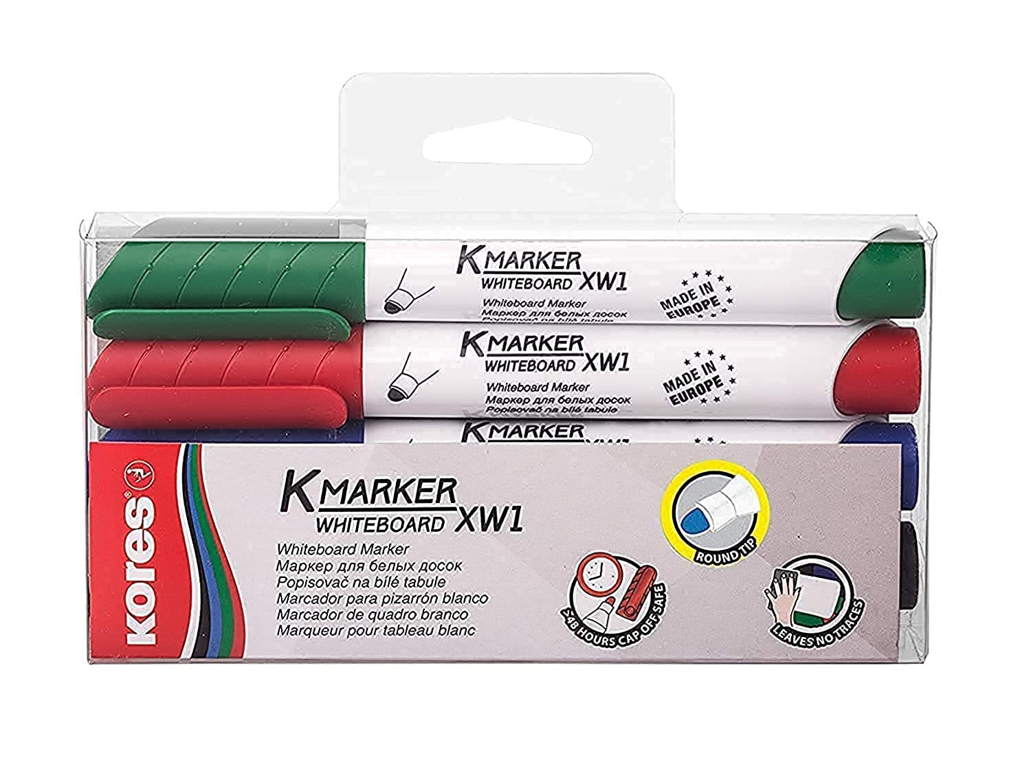 Kores - Coloured Whiteboard Marker Pens - K-Marker XW1, Round Tip with Low-Odour Ink - Dry Wipe Marker Pens - Back to School Supplies, Office Supplies - Pack of 4 in Assorted Colours