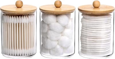 Tbestmax 10 oz Cotton Swab Jar Dispenser with Wood Lids 3 Pack Clear