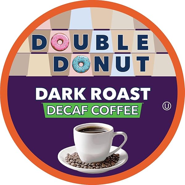 DOUBLE DONUT COFFEE DECAF DARK ROAST COFFEE PODS, EXTRA BOLD BLEND COFFEE, SINGLE SERVE COFFEE FOR KEURIG K CUPS MACHINES, DECAF DARK ROAST COFFEE IN RECYCLABLE PODS, 24 COUNT