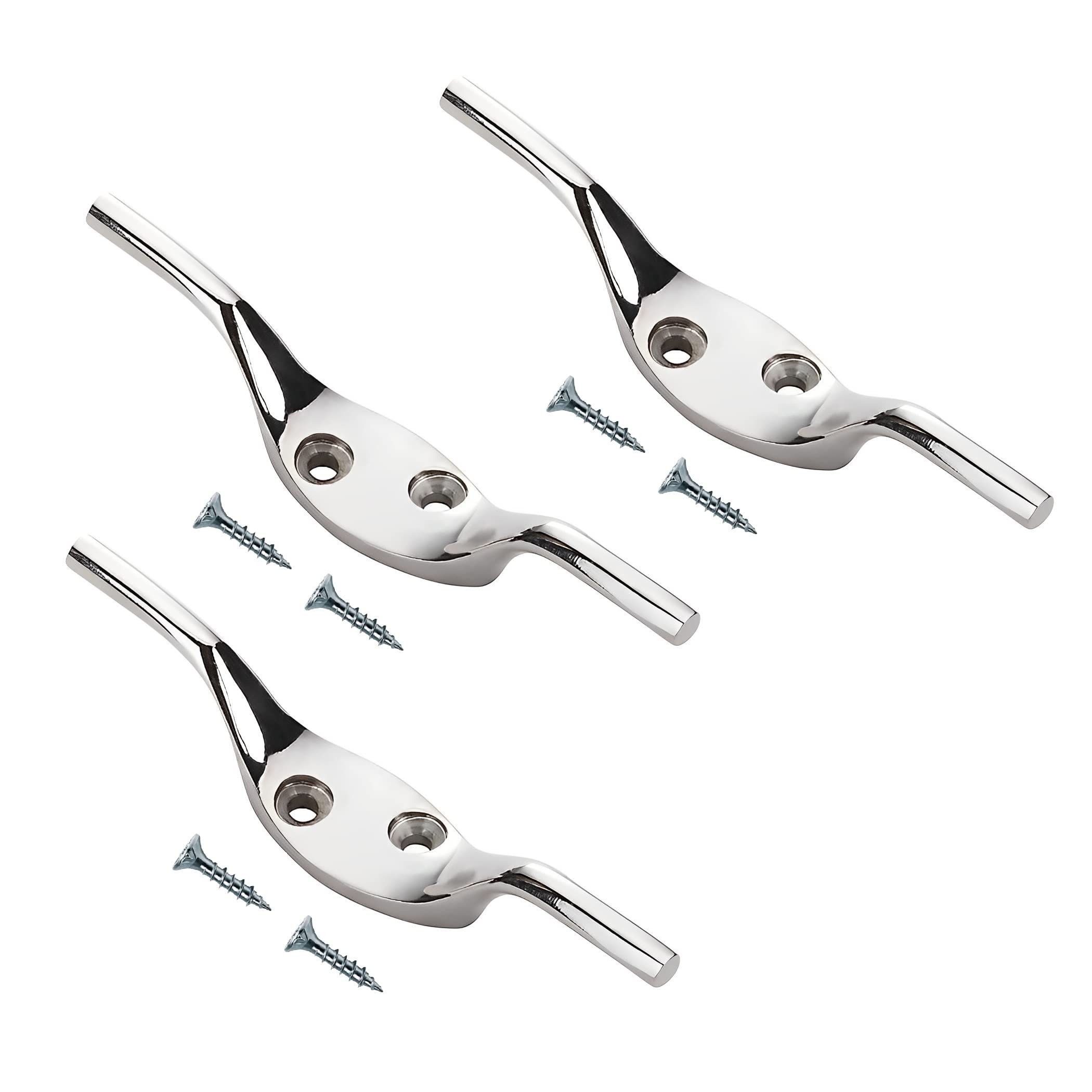 TERF® Heavy Duty Polished Chrome Rope Cord Cleat Hooks 75mm [ 3'' ] Washing Line Blind Curtain Ship Flagpole Cord Rope Cleat Hooks With Fixing Screw and Multi Purpose Use - Pack of 3