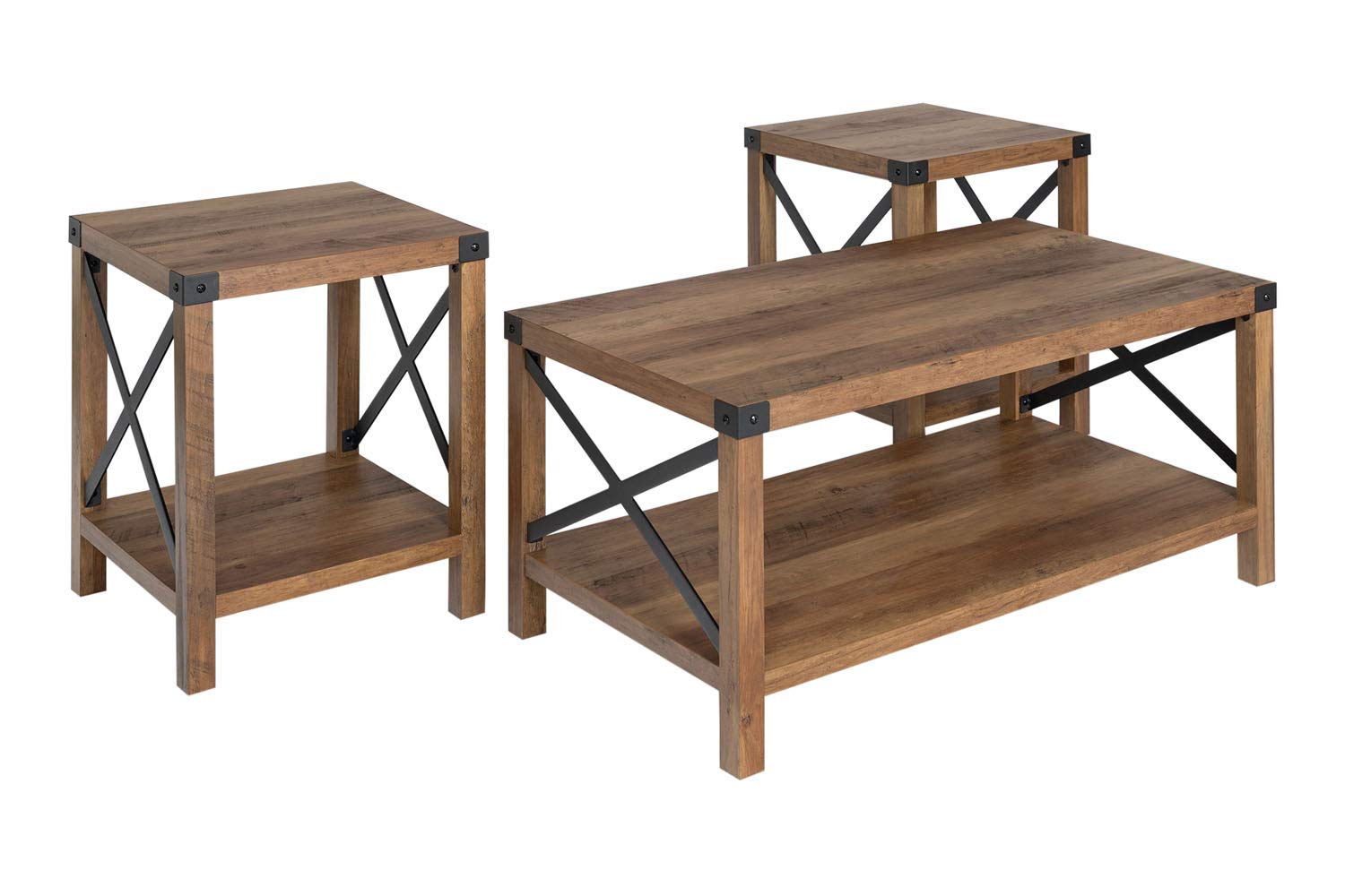 Walker Edison Furniture Company 3-Piece Rustic Wood and Metal Coffee Table Set - Rustic Oak