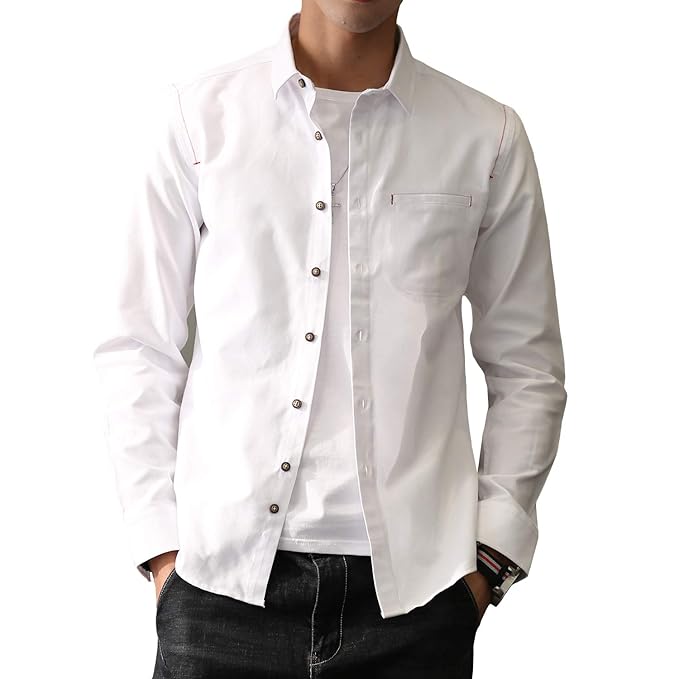 COOFANDY シャツ メンズ レッドステッチ オックスフォードシャツ 長袖 カジュアル スリム オシャレ スポーツ 無地 春 夏