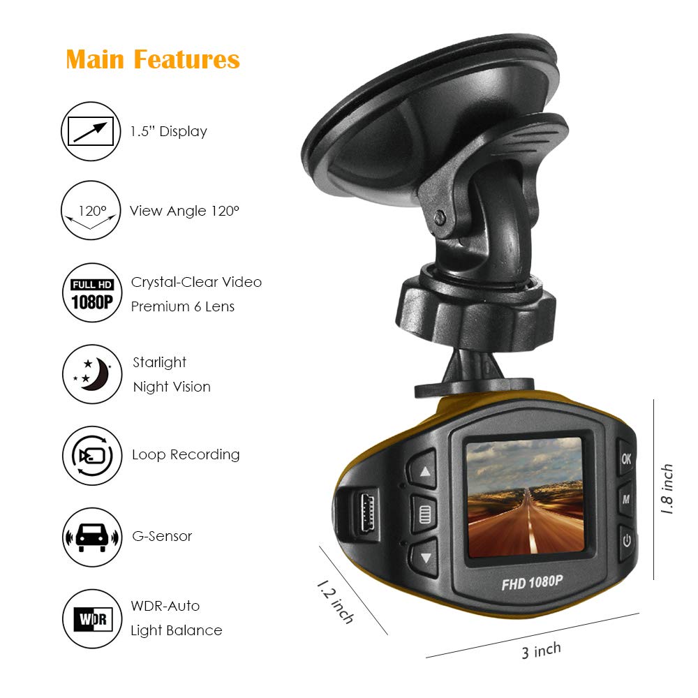Acumen Dash Cam for Cars with Wide Angle Video Recorder Vehicle Dashboard Camera Exmor Sensor WDR Loop Recording Memory Card Included (Black)