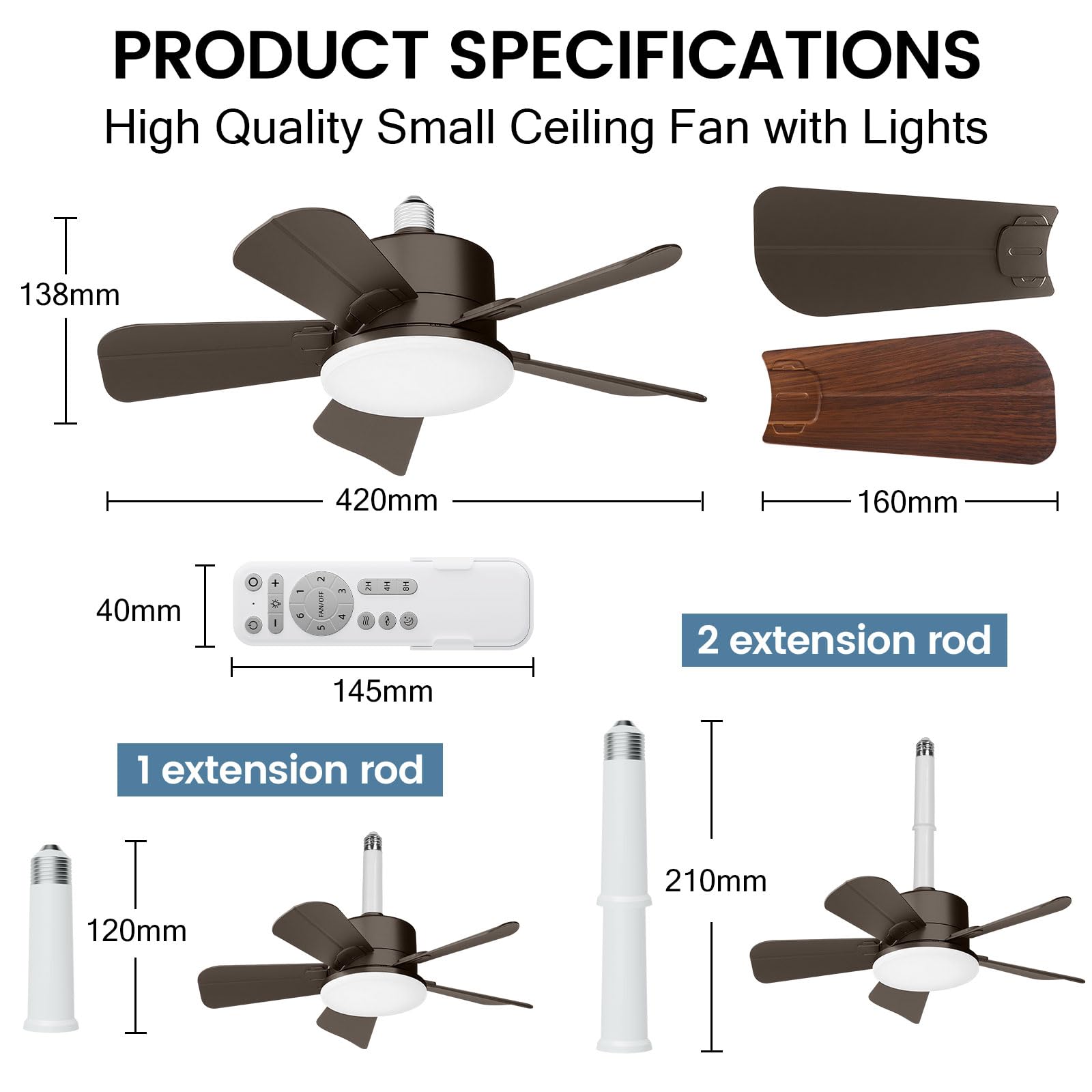 OKYUK Ceiling Fans with Lights,19in Small Ceiling Fan ceiling fans with and remote, with 6-Speeds, definite time, Dimmable LED, E26/E27 Base, for Bedroom, Kitchen, Living Room,Garage Fan (Brown)