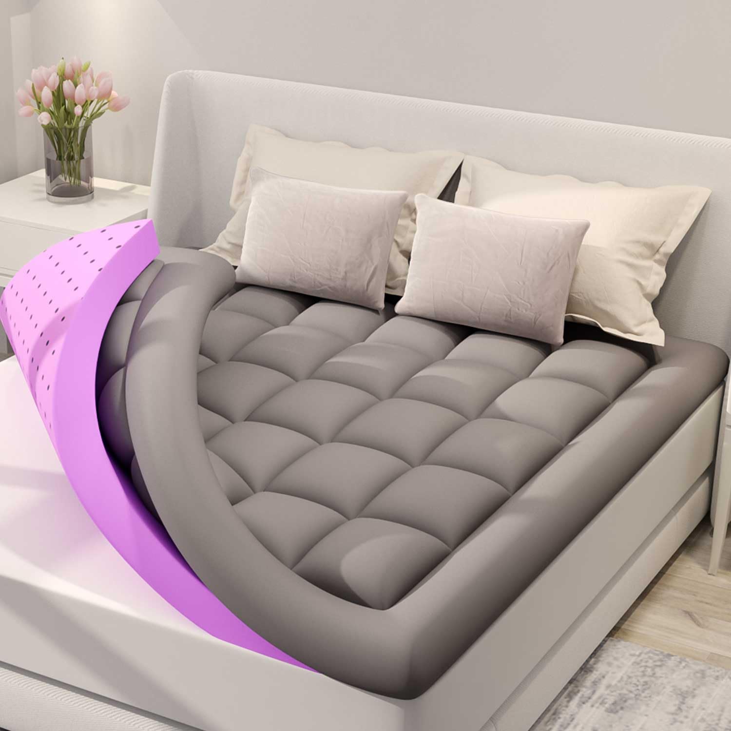 Photo 1 of BDEUS Dual Layer 4 Inch Memory Foam Mattress Topper King Size, 2 Inch Gel Memory Foam Plus 2 Inch Down Alternative Quilted Pillow Top Mattress Pad Cover,Black