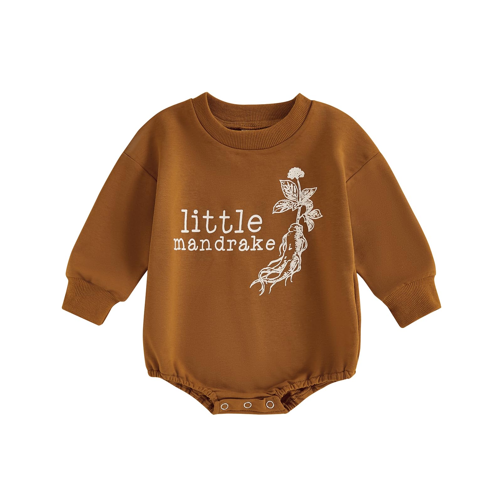 Photo 1 of Gueuusu Unisex Baby Boy Girl Halloween Outfit Little Mandrake Bodysuit Long Sleeve Bubble Romper Cute Baby Outfit (Coffee, 0-3 Months)