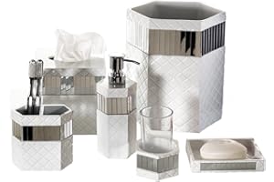 Creative Scents Quilted Mirror White Bathroom Accessories Set - Decorative 6 Piece Bathroom Set Includes: Trash Can, Tissue Box Cover, Soap Dispenser, Toothbrush Holder, Tumbler & Soap Dish