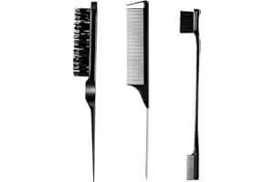 GOIPLE 3 Pieces Hair Styling Comb Set Teasing Brush Rat Tail Comb Edge Brush for Edge&Back Brushing, Combing, Slicking Hair for Women (Black)