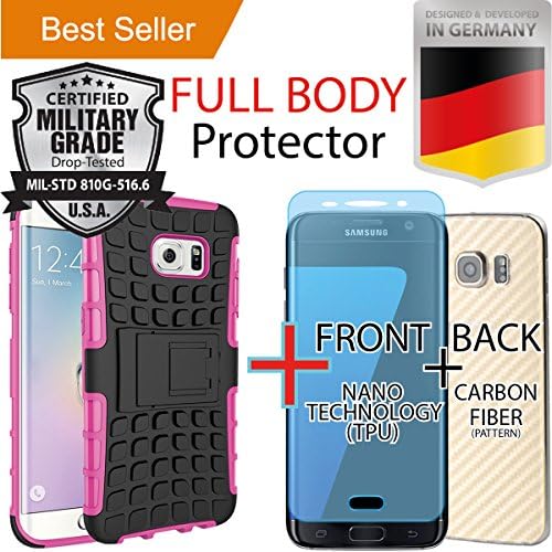 Samsung Galaxy S7 Edge [5.5] Pack [Heavy Duty] Case [Dual Layer] + [FULL BODY COVERAGE] (Front [TPU] + Back [Carbon Fiber]) Screen Protector [Kick Stand] Hybrid Cover [Anti Scratch] Pink