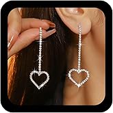 Xduargs Boho Long Crystal Heart Dangle Earrings Gold Rhinestone Heart Drop Earrings Hollow Cz Tennis Tassel Earring Jewelry for Women