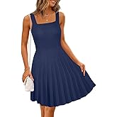 MEROKEETY Women's Summer Strap Square Neck Mini Dress Sleeveless Pleated A Line Swing Sweater Dress