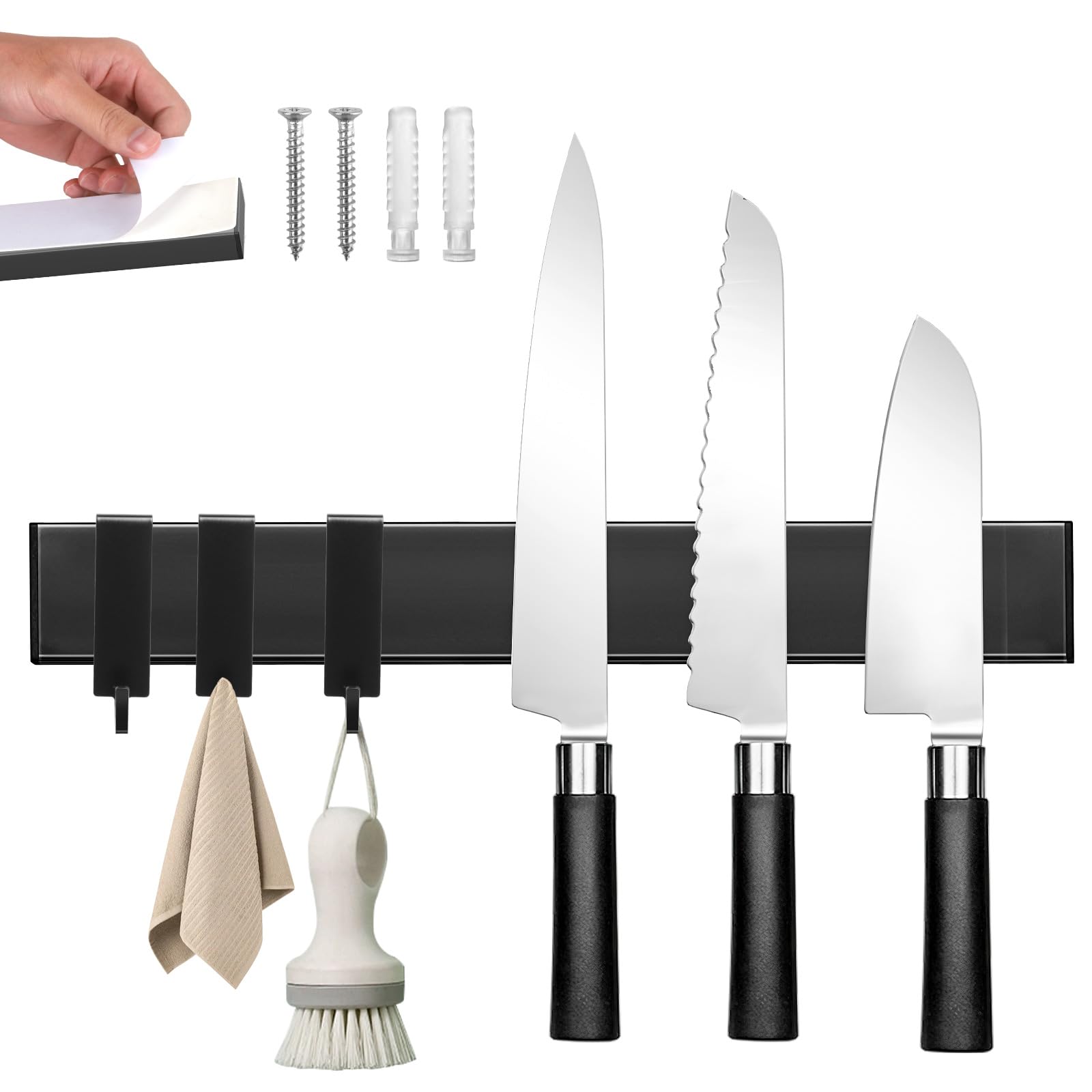 Photo 1 of Magnetic Knife Holder for Wall with 3 Hooks, No Drilling Magnetic Knife Strip Adhesive Knife Holder Magnet Knife Bar, Wall Mount Knife Rack Block Metal Tool Holder for RV Kitchen Organization, 10 Inch