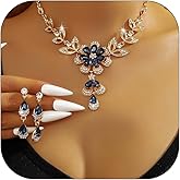 ALRNBY Wedding Jewelry Sets for Brides Rhinestone Necklace and Earring Set Bracelet Ring Gold Silver Prom Jewelry Sets Diamond Flower Teardrop Necklace for Women