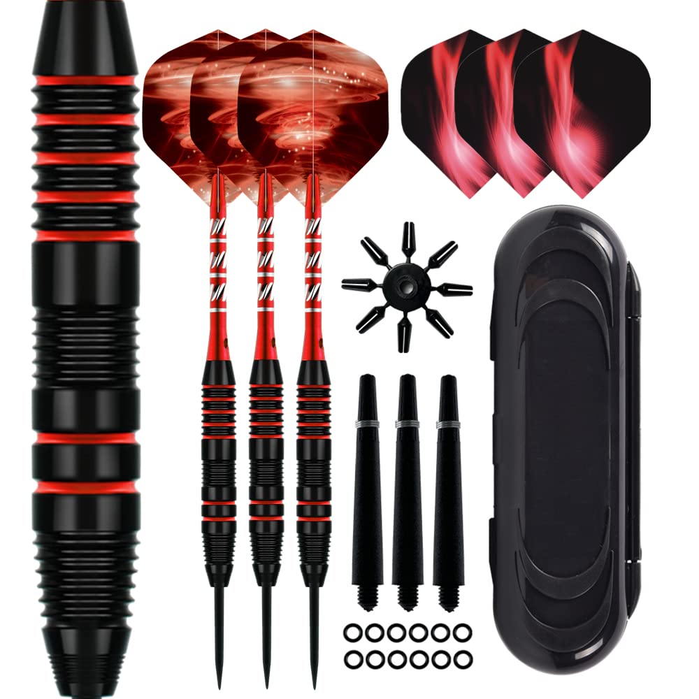 Aiqilai Steel Tip Darts Set 22g,3 Pack Professional Dart with Aluminum Shafts(+3 More Spare Shafts) and 2 Style Flights And Darts Case -Red