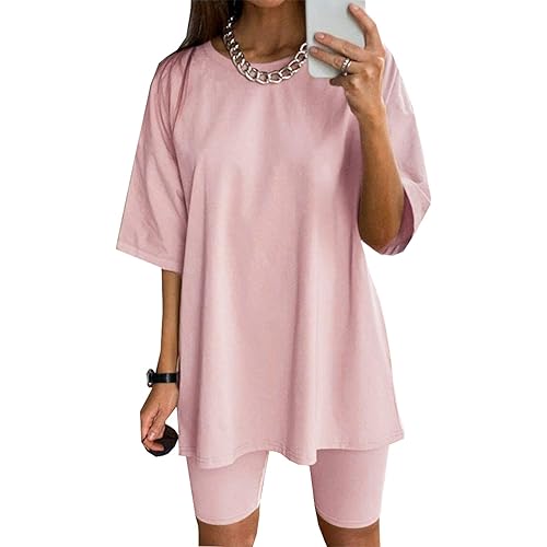 Glamaker Women 2 Piece Outfit Sets Casual Oversized T-Shirt Tops Biker Shorts Workout Sport s Tracksuit