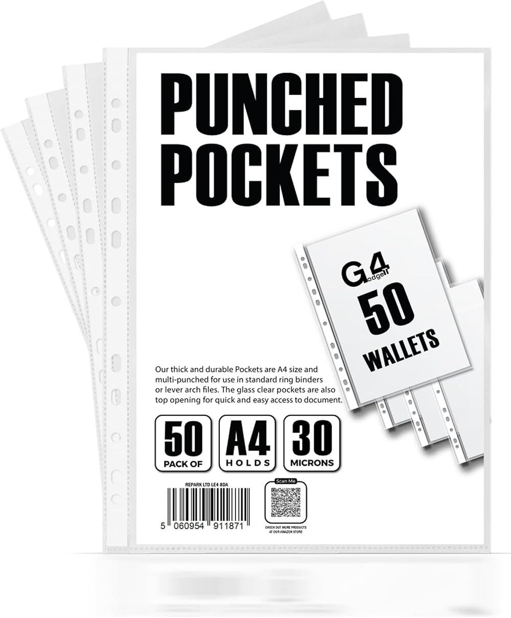 G4GADGET Pack of 50 A4 Clear Plastic Punch Pockets 30 micron
