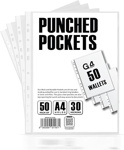 G4GADGET Pack of 50 A4 Clear Plastic Punch Pockets 30 micron
