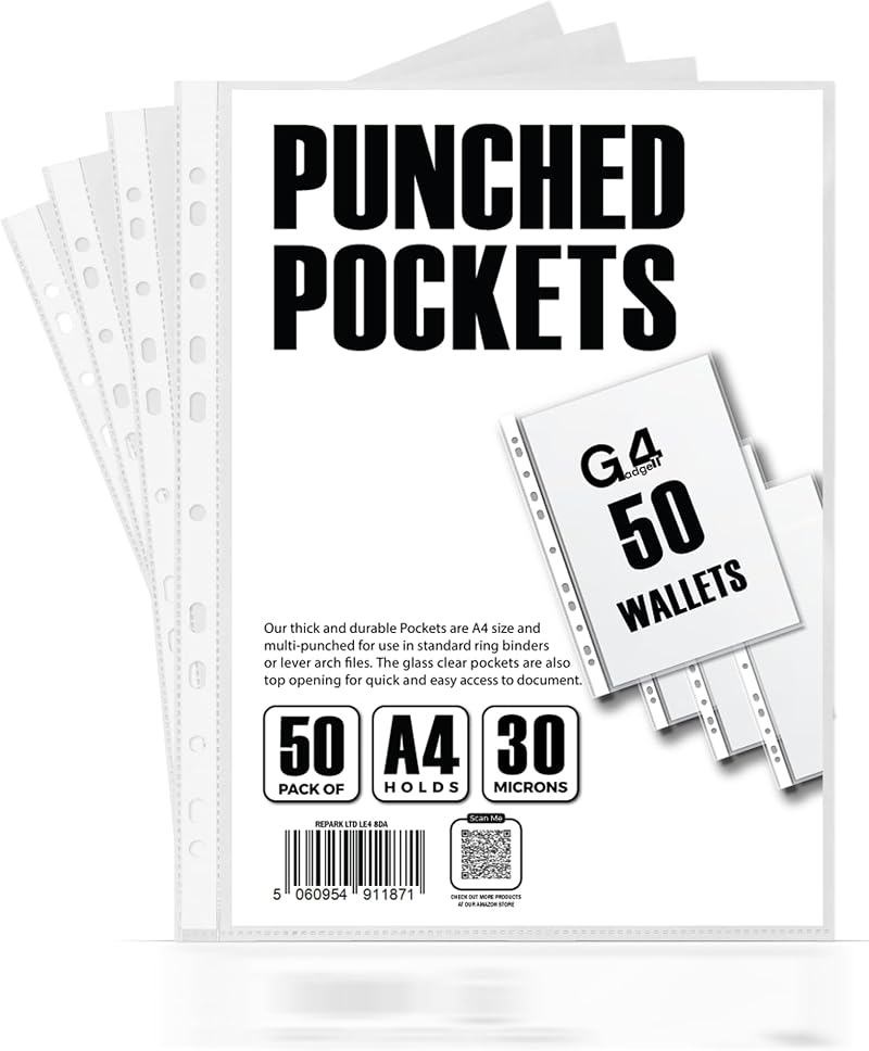 G4GADGET Pack of 50 A4 Clear Plastic Punch Pockets 30 micron