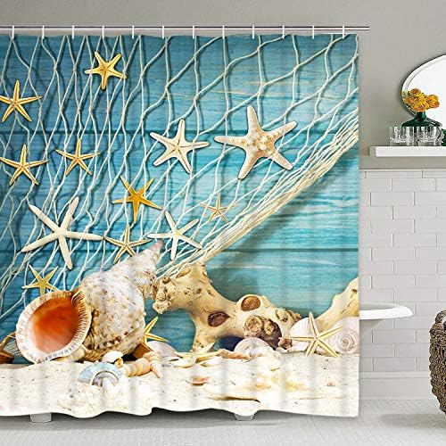 Krelymics Nautical Sea World Shower Curtain with 12 Hooks, Beach Seashell Starfish Conch Fishing Nets Shower Curtain for Bathroom