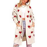 HOULENGS Women's Cute Heart Long Cardigan Sweaters V Neck Ribbed Knit Open Front Sweater Coats with Pockets