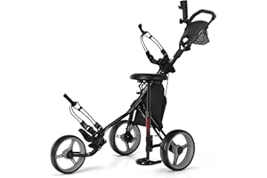 Tangkula Golf Push Pull Cart with Seat, Lightweight Foldable Collapsible 3 Wheels Push Cart, Golf Trolley with Foot Brake, Adjustable Umbrella Holder & Seat, 4 Height Position Handle
