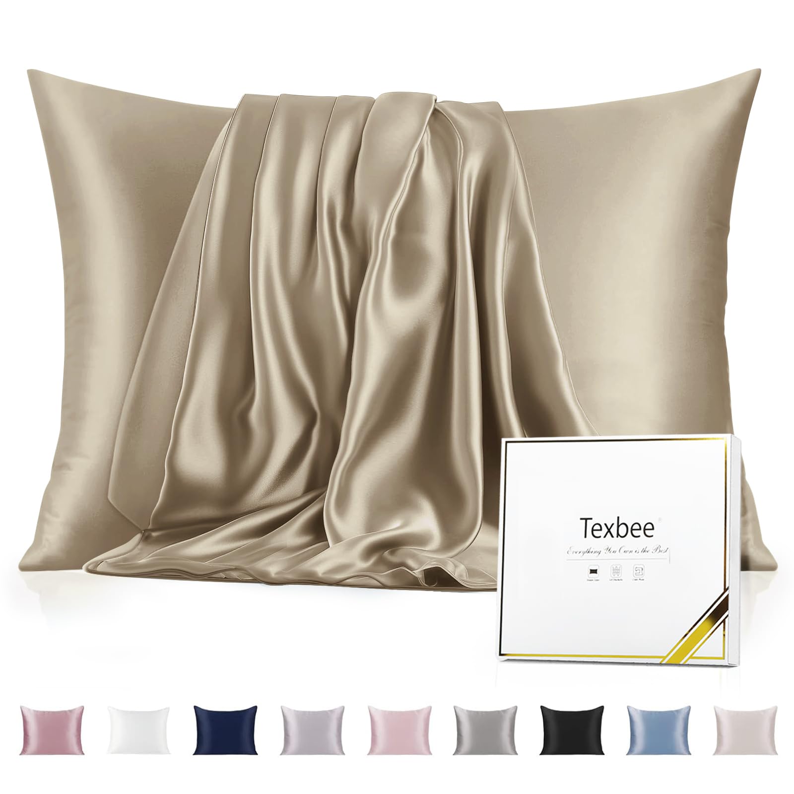 Texbee Silk Pillowcase, 22 Momme Mulberry Silk Pillowcases for Hair and Skin Health, Soft Smooth Breathable Cool Pure Pillow Case for Beauty Sleep, with Gift Box, 1pc (Queen 50x75 cm, Taupe)