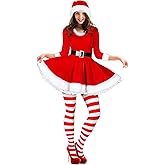 Geyoga Women's Santa Claus Costume Set Velvet Dress with Belt Women's Xmas Striped Tights Santa Hat Set Dress Cosplay