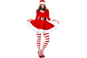 Geyoga Women's Santa Claus Costume Set Velvet Dress with Belt Women's Xmas Striped Tights Santa Hat Set Dress Cosplay