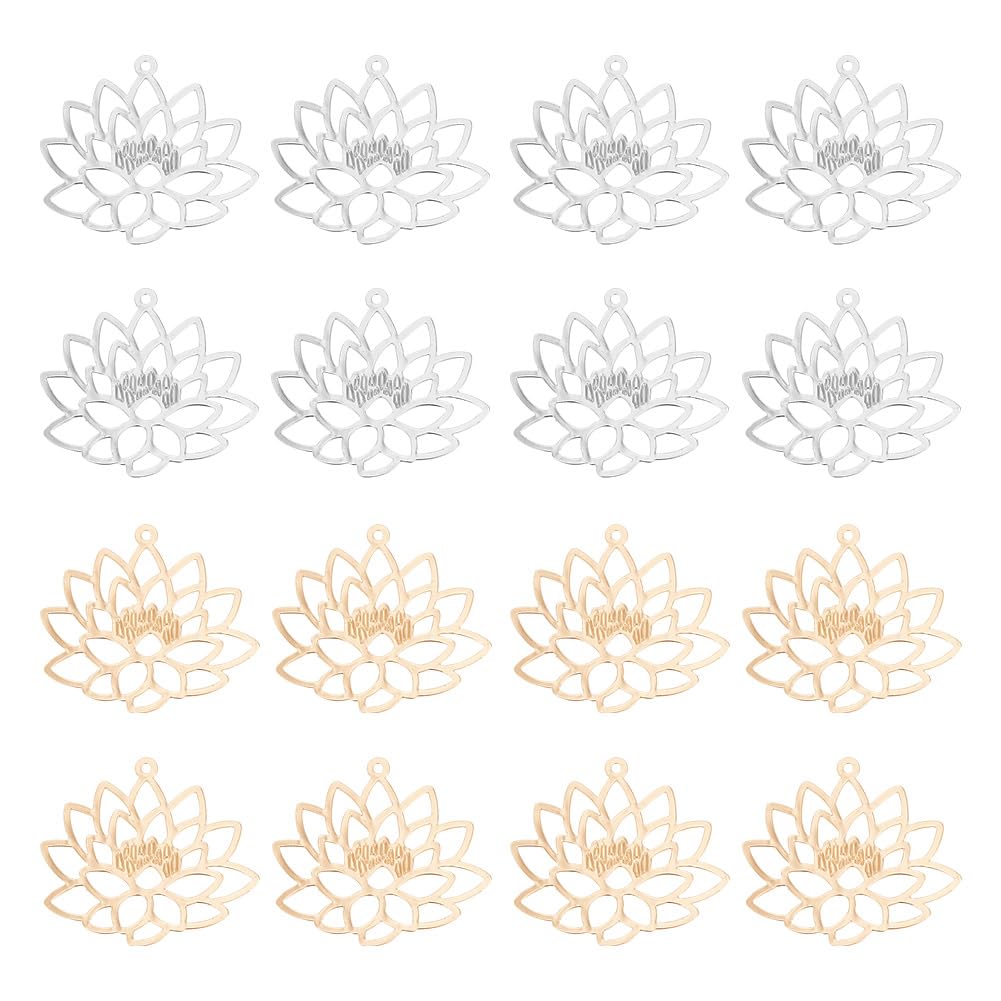 HOBBIESAY 60Pcs 2 Styles Brass Lotus Flower Charms Light Gold Pendants Hollow Connector Charms Drop Dangle Pendant for Hairpin Earrings Necklaces Crafting DIY Jewelry Making,Hole:1mm
