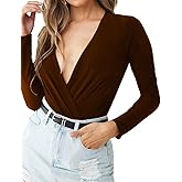 LINMON Women's Long Sleeve Bodysuit Surplice Ruched Plunge V Neck Stretchy Jumpsuit Leotards