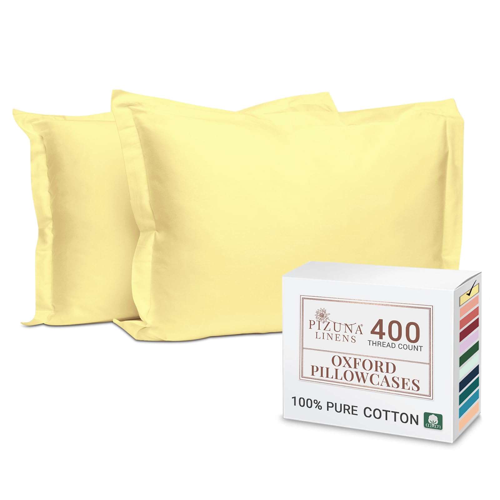 Pizuna 100% Cotton Standard Pillowcases 2 Pack Mellow Yellow 50x75cm, 400 Thread Count Long Staple Combed Cotton Soft Pillow Cover, Sateen Weave Oxford Pillow Cases (Cooling Pillowcase 2PC)
