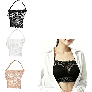 YWTAENOH 3Pcs Lady Lace cami Wearable Mock Camisole Bra Cleavage Cover up for Low Neckline Bra Inserts