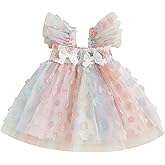 Toddler Girls Tulle Dress Fly Sleeve Smocked Bow Flower Layered Tutu Princess Dresses Summer Beach Sundress