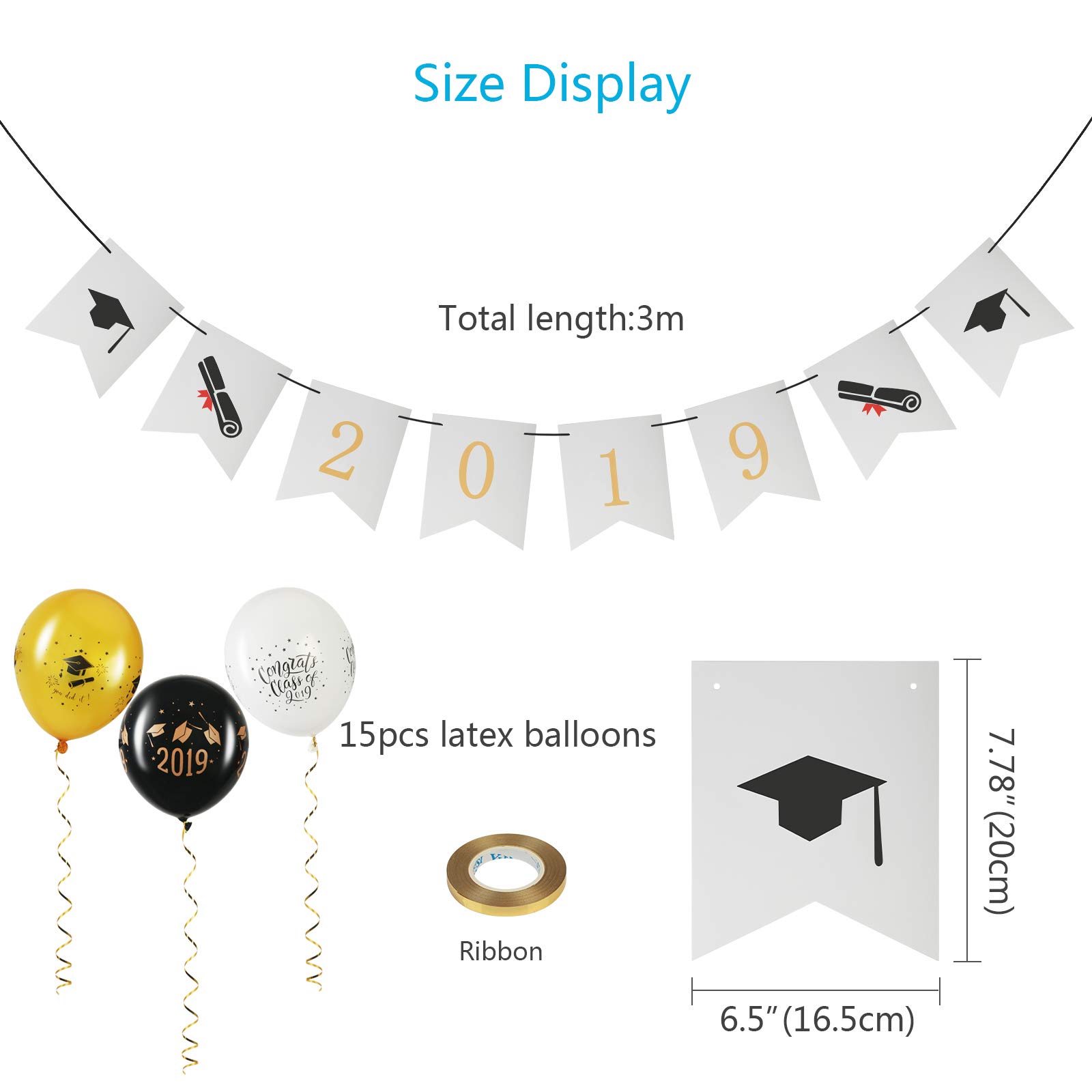 2019 Graduation Banner KATOOM Graduate Celebration Bunting Garland Grad Pennant Flags with 15 Pcs Latex Balloons for Graduation Party Decor Photo Props