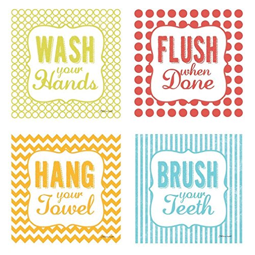 Hang Your Towel ,  Flush When Done,   Brush Your Teeth  and  Wash Your Hands ; Perfect for Any Kid s Bathroom; Four 8x8in Poster Prints