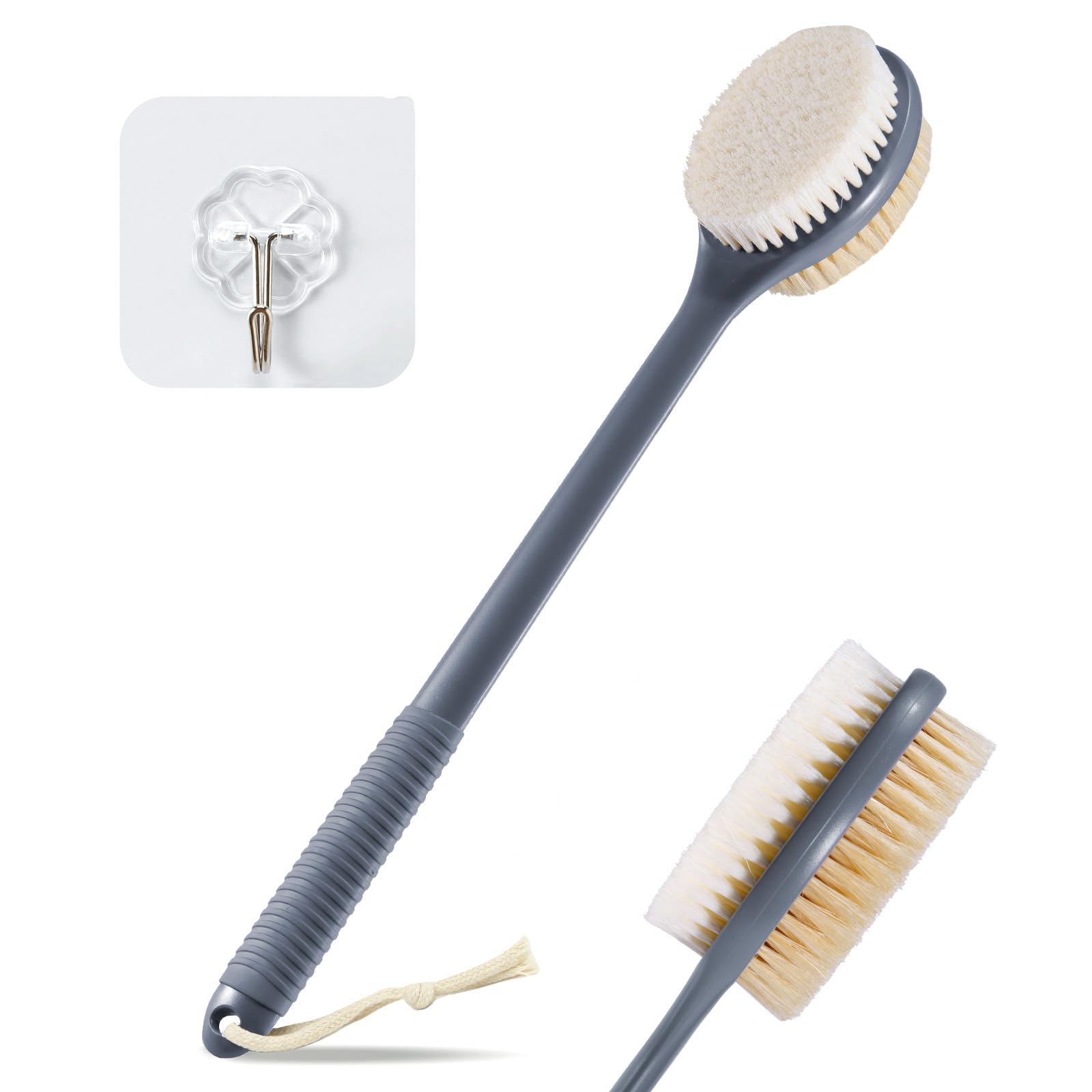 VANZAVANZU 42CM Back Scrubber for Shower, Anti-Slip Long Handle Bath Brush with Soft and Stiff Bristles, Exfoliating Shower Brush for Wet or Dry Brushing (Grey)
