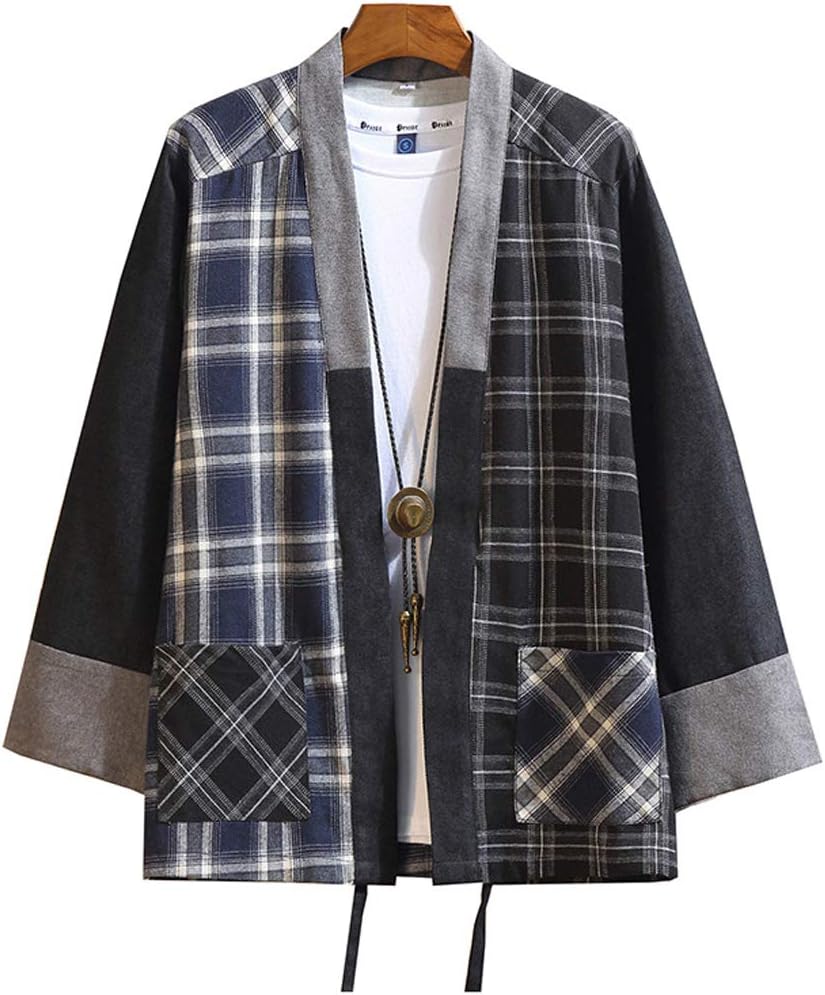 HotmissMens Kimono Hipster Plaid Patchwork Linen Cloak Open Front Cardigan Jackets