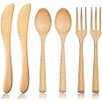 Wooden Cutlery Spoons, Forks and Knives 6 Pieces Reusable Flatware Dinnerware Handcrafted Utensils Set Japanese Korean Tableware for Kids Adult,Travel,Picnic,Pasta,Dinner,Fruit,Salad (PO-1005)
