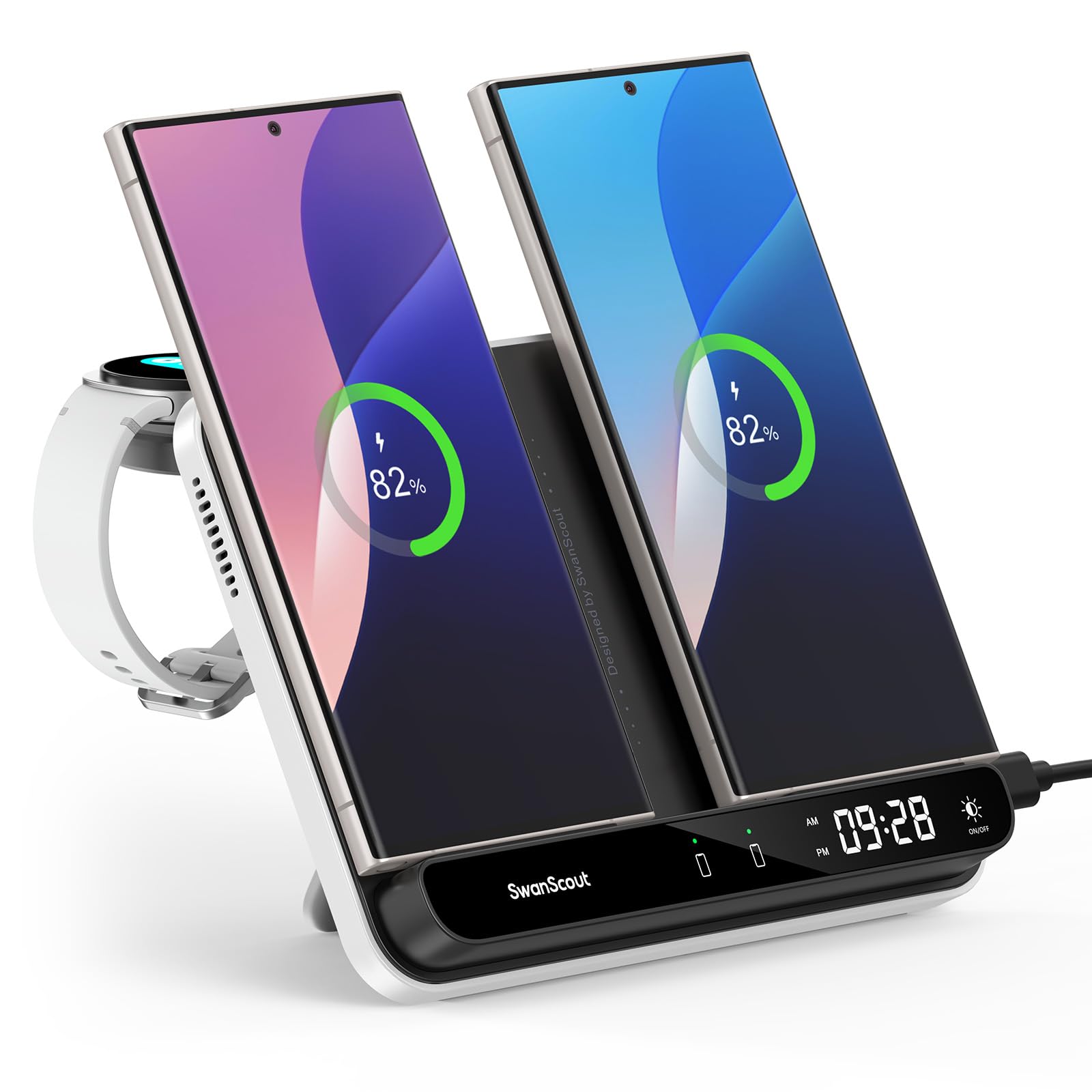 Photo 1 of SwanScout Dual Wireless Charging Station, Dual Wireless Charger for Galaxy S25/S24/S23, for Samsung Watch Ultra/8/7/6/5/4/3, for iPhone 17/16/15/14 Series, SwanScout 710S