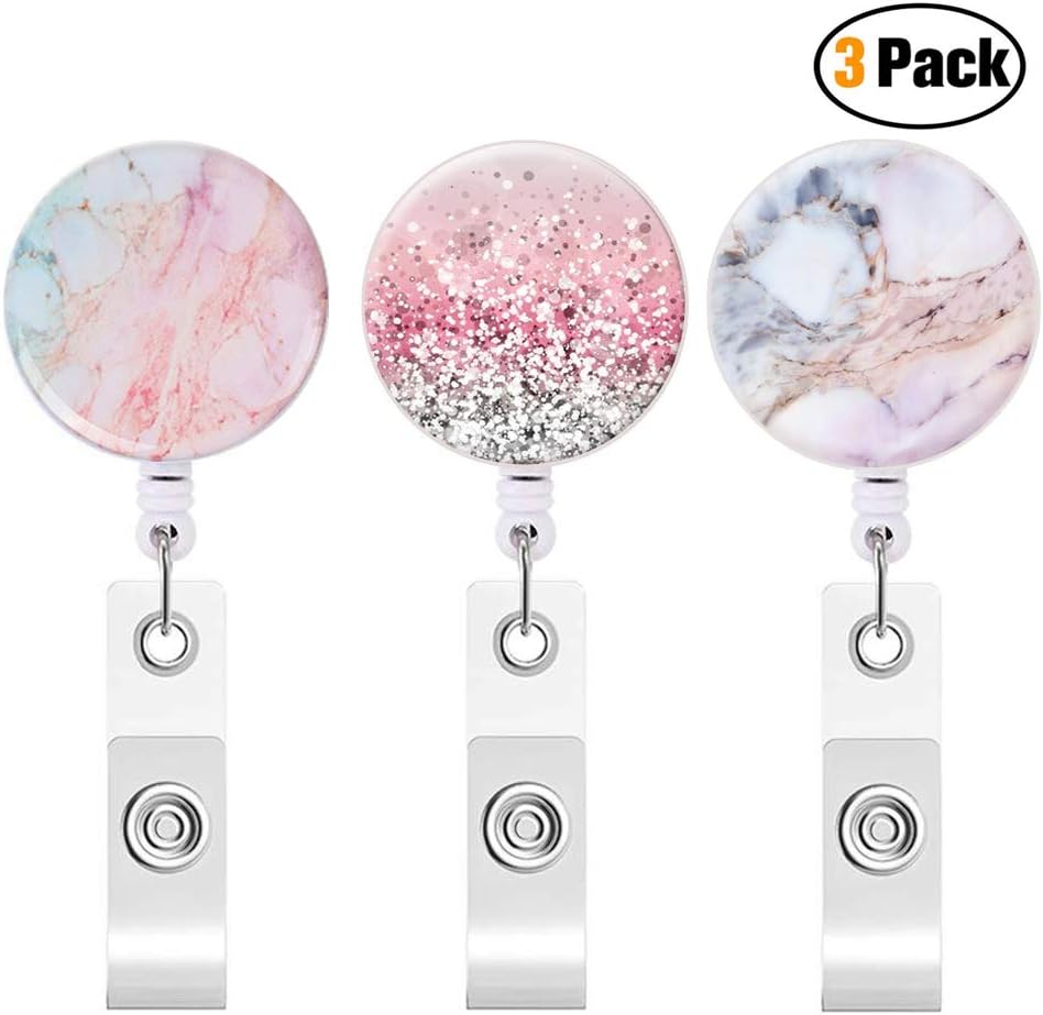 ID Badge Clip,Badge Reel Retractable Badge Holder with Alligator Clip ID Badge Reels,Nurse Badge Reel Decorative Badge Holder (Pretty Pink 3pack)