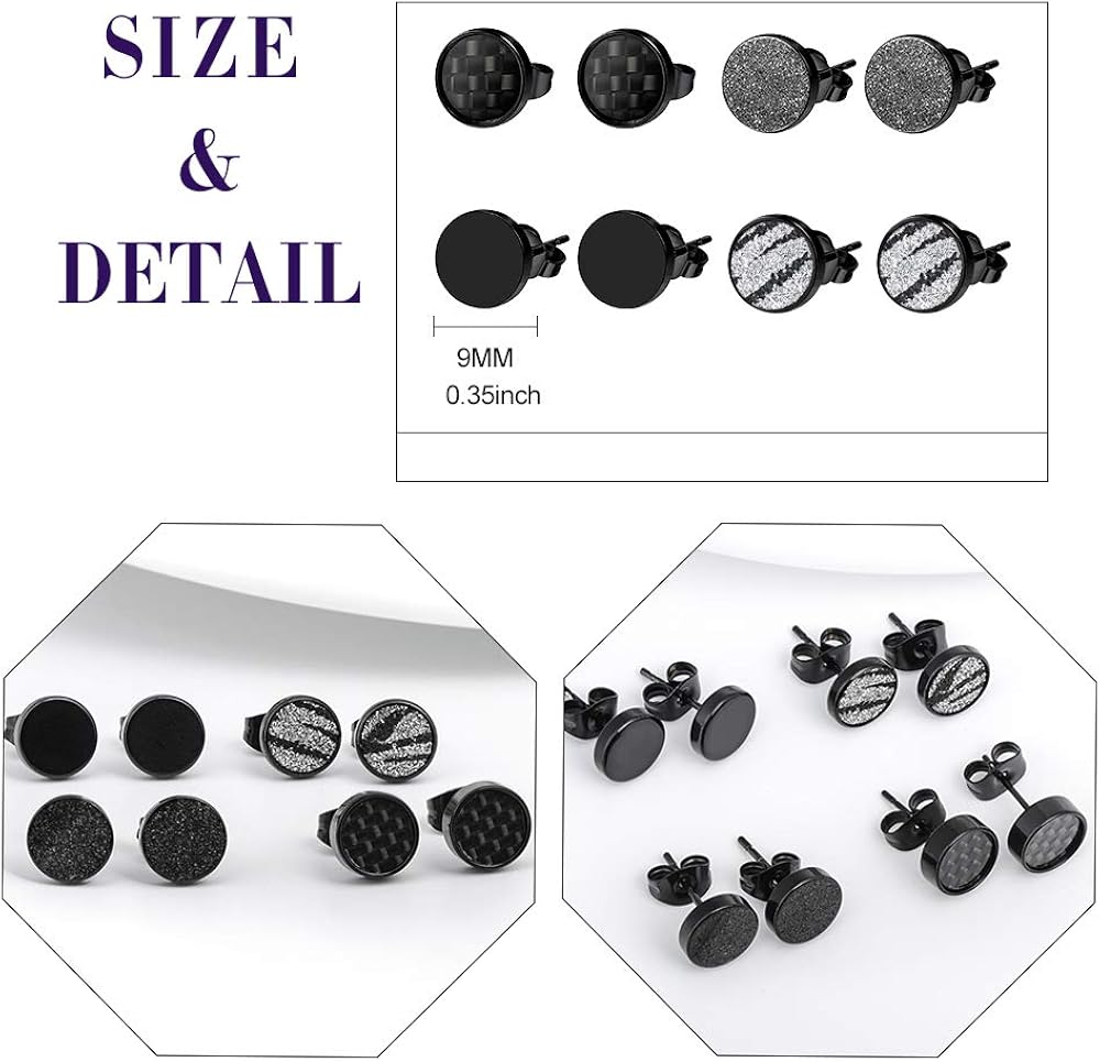 Feilok Cool 8mm Mens Stainless Steel Stud Earrings Women Piercing Ear Plug Tunnel Set of 4 works, Black, 8 mm - Image 3