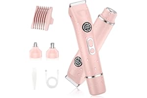 TJJFMM 4-in-1 Bikini Trimmer for Women, Dual Head Electric Razors Shaver | Painless Bikini, Body & Facial Hair Remover | IPX7 Waterproof for Wet/Dry Use | Includes Nose & Eyebrow Trimmer Heads(Pink)