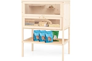 PETSITE 31.5 Inches Freestanding Wooden Hamster Cage, Chew-Proof 2-Layer Hamster House with Full Transparent Viewing, Flip-To