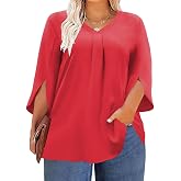 ForHailey Women's Plus Size Blouses 3/4 Sleeve Shirts Summer V Neck Dressy Tops Casual Flowy Tunic Red X-Large