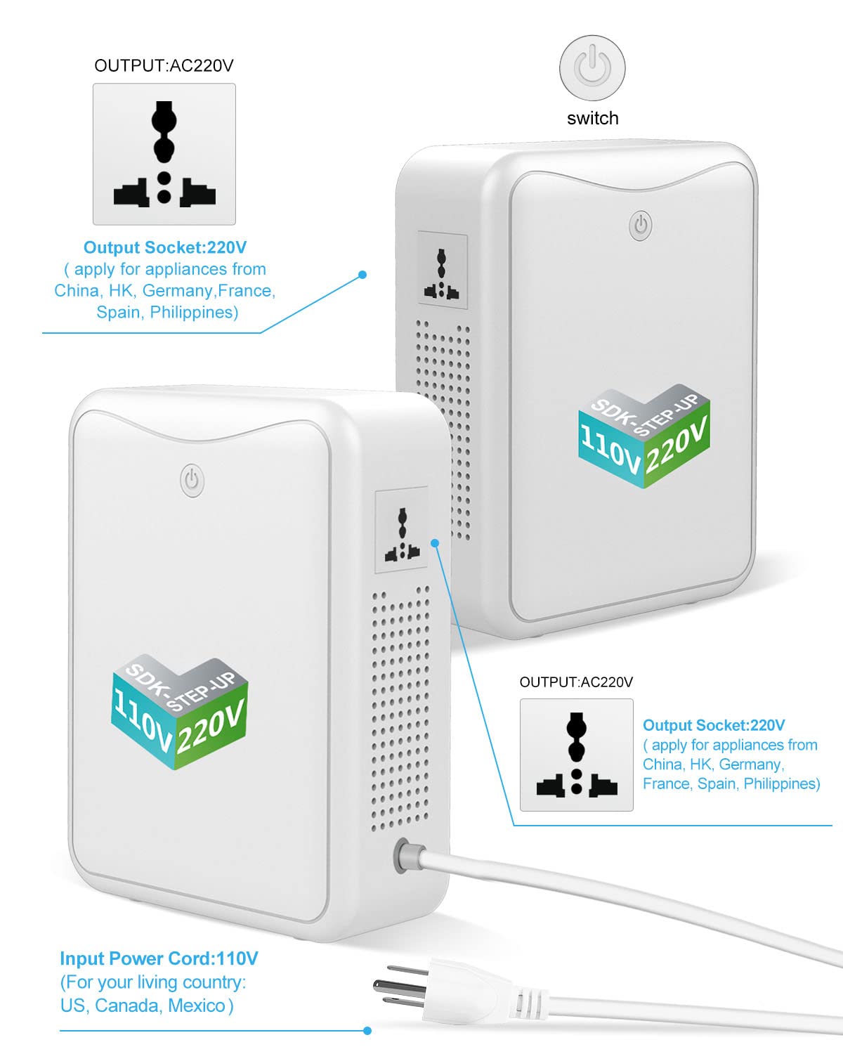 Step Up Transformer 110v to 220v Voltage Converter 2000w, No Noise, Suit for Juicer, Chocolate Machine and Other Appliances ，using 220V Asia Euro Appliance in US