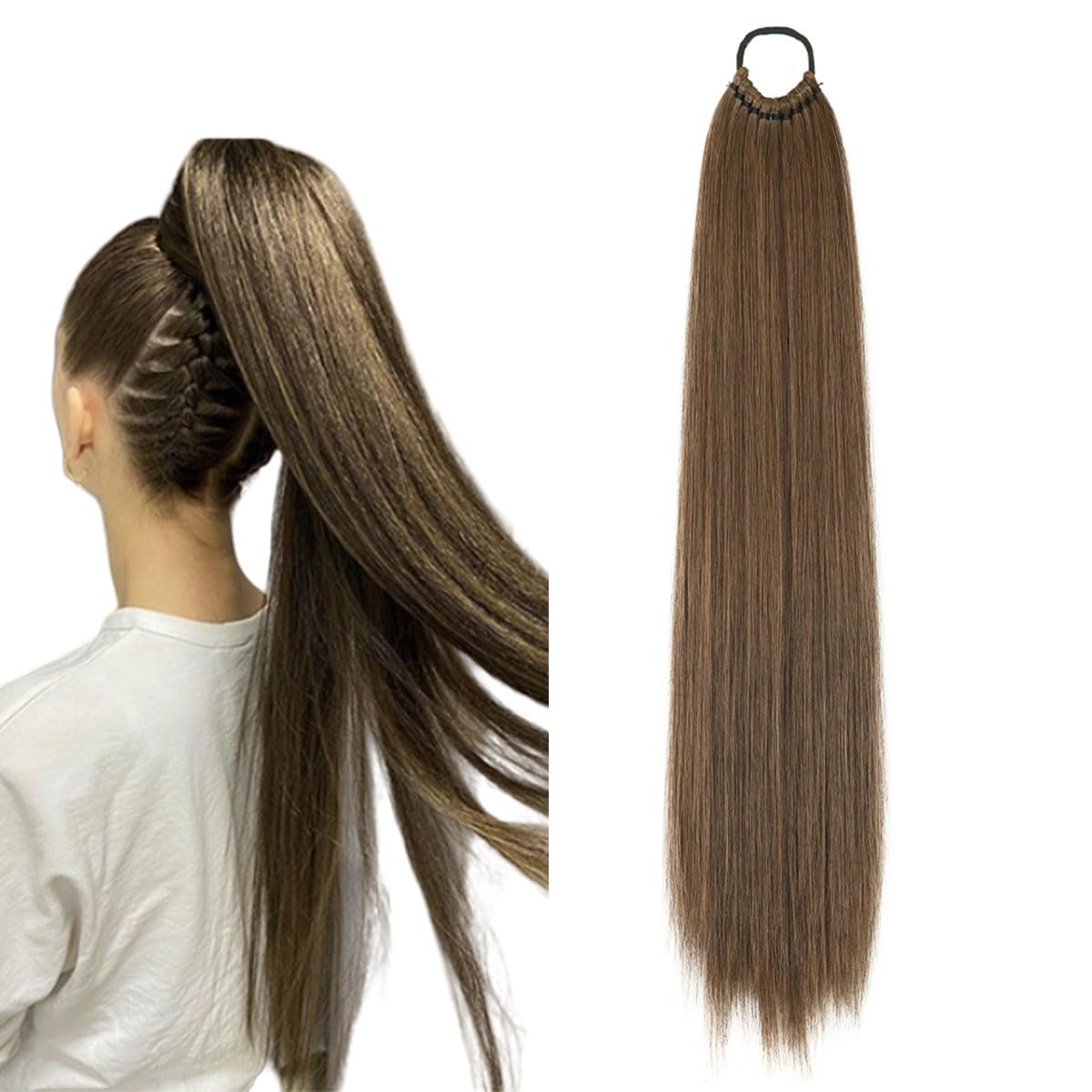 prinfantasy 24" Ponytail Extension Long Staright Ponytail Hairpiece Hair Scrunchies Claw Hair Extensions Natural Looking for Women Brown Hair Extensions,GBMW276