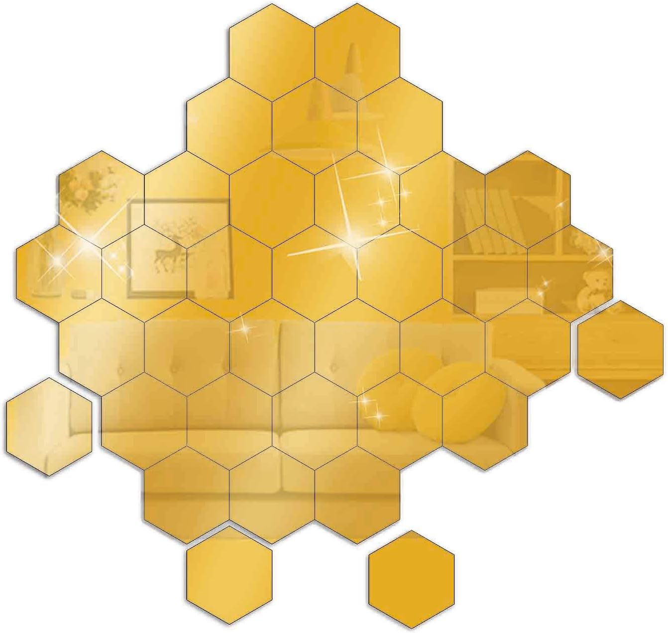 E EVENLIM 36 Pieces Gold Acrylic Hexagon Plastic Mirror Stickers Tiles