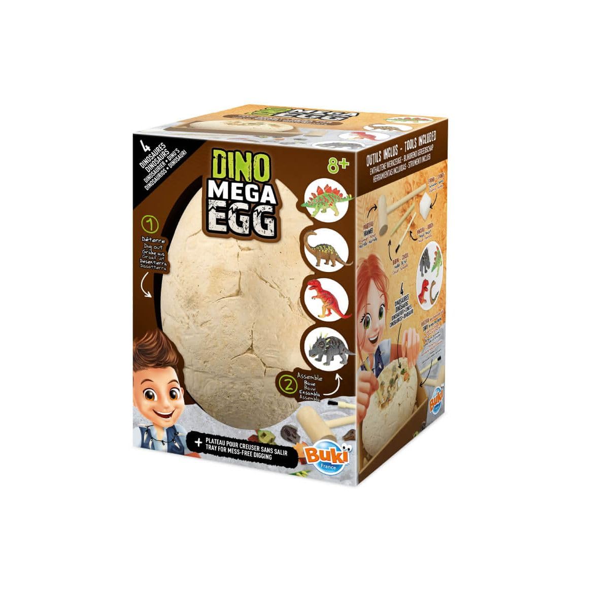 Buki France Dino Mega Egg, Medium - Dig 4 Dinosaur Puzzles, Includes Tools & Tray, Ages 8+, Unisex Children, Discover, Experiment, Science Kit
