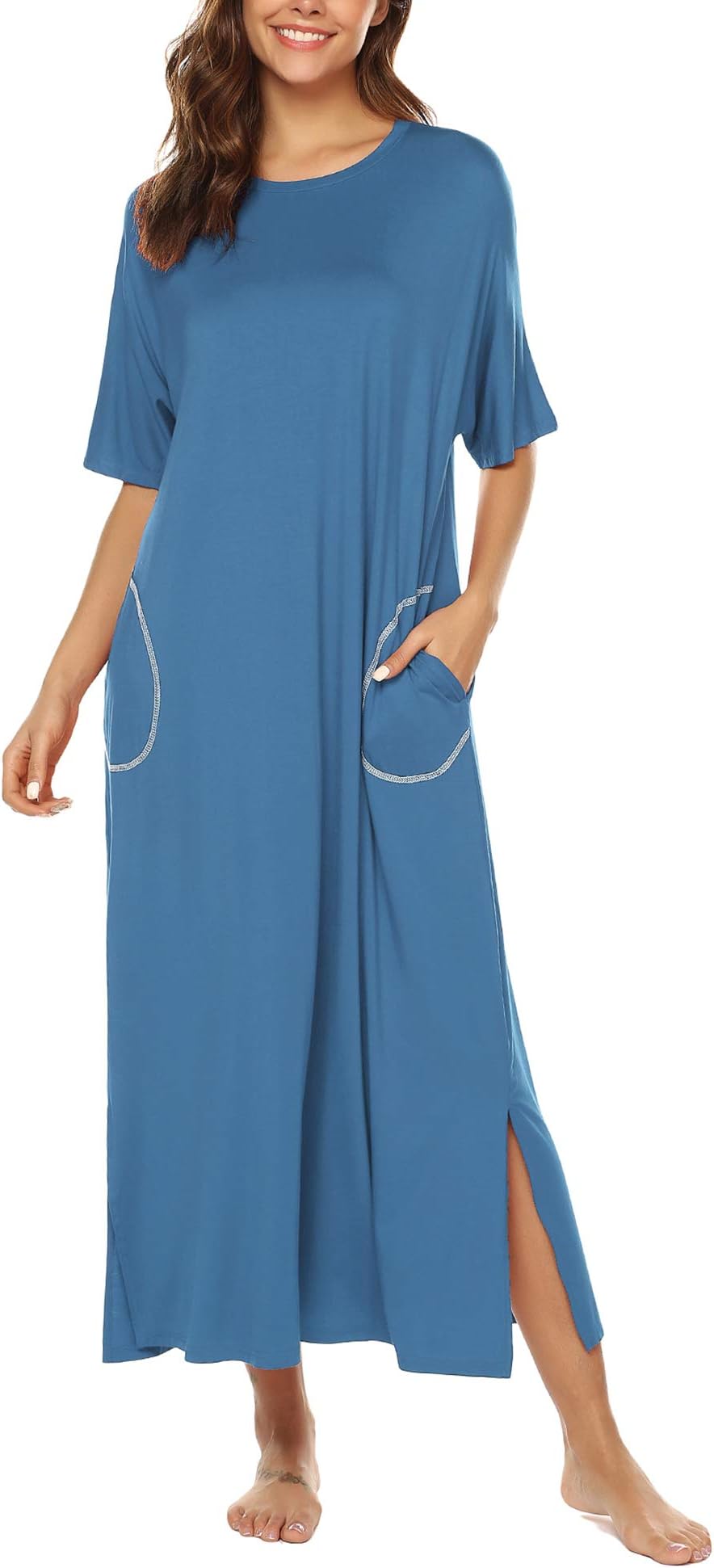 Women's Nightgown Short Sleeve Long Sleepwear with Pockets Loose Fit Nightshirt S-XXL