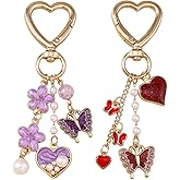 2Pcs Purple Pearl Butterfly Keychain Red Heart keychain Aesthetic Flower Bag Charm Cute Keychains for Women Phone Decorations Purse Charms for Handbags Phone Charm Womens Key Chians Backpack Charms